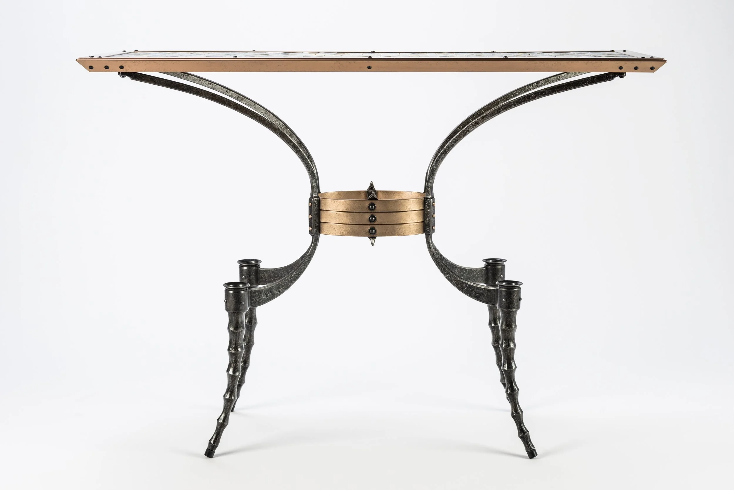 Forged iron and bronze steampunk console table with custom tile top