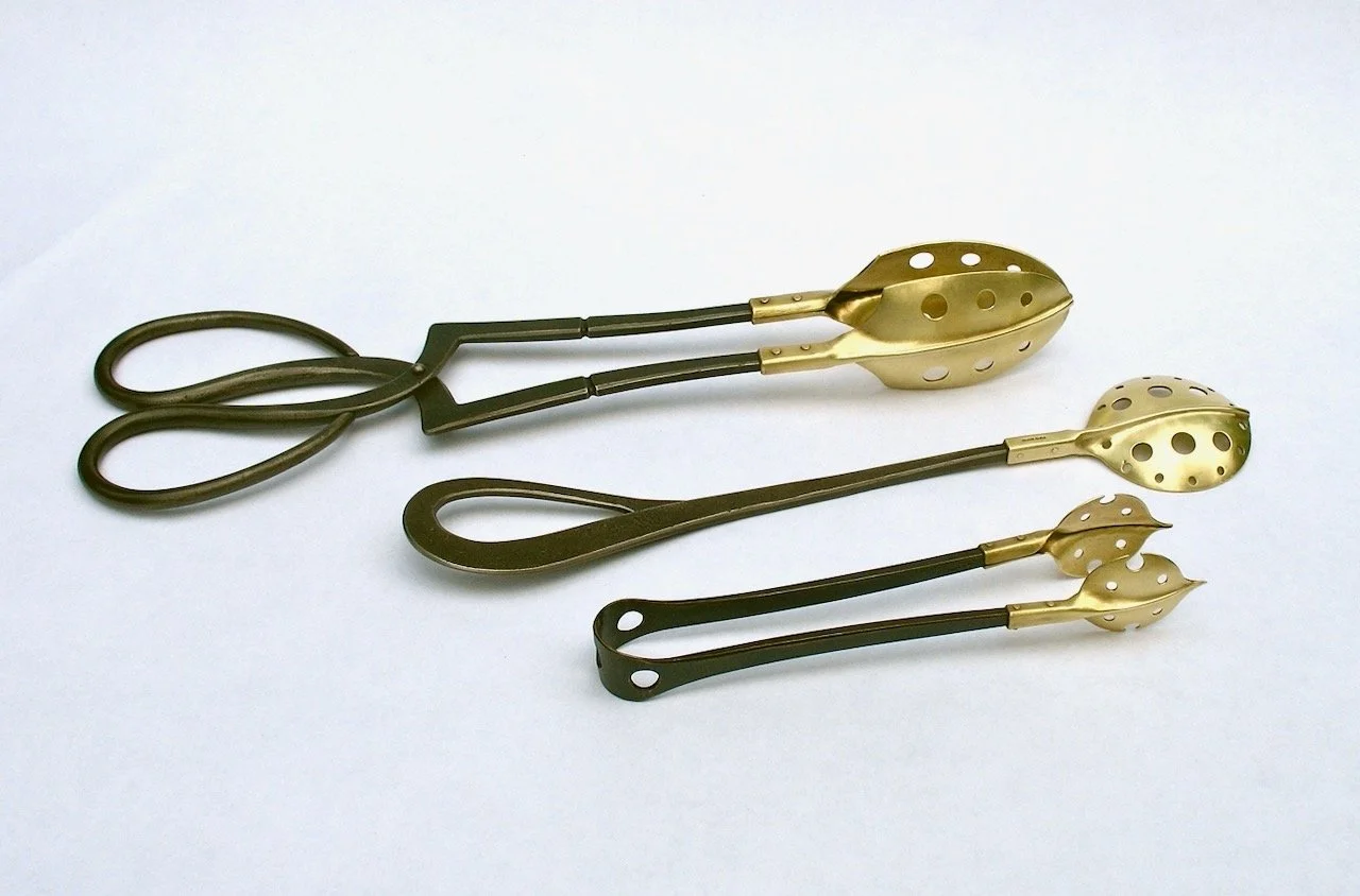 Serving utensils tongs, slotted spoon, olive tongs hand forged iron and brass