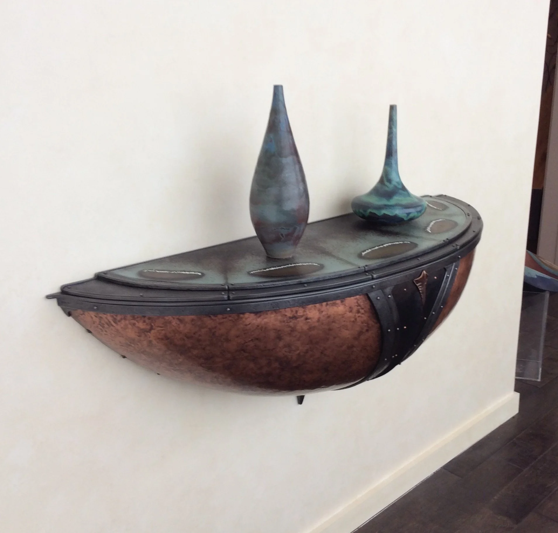 Forged iron and copper steampunk demilune table with sgraffito glass top