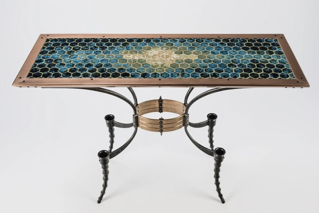 Forged iron and bronze steampunk console table with custom tile top
