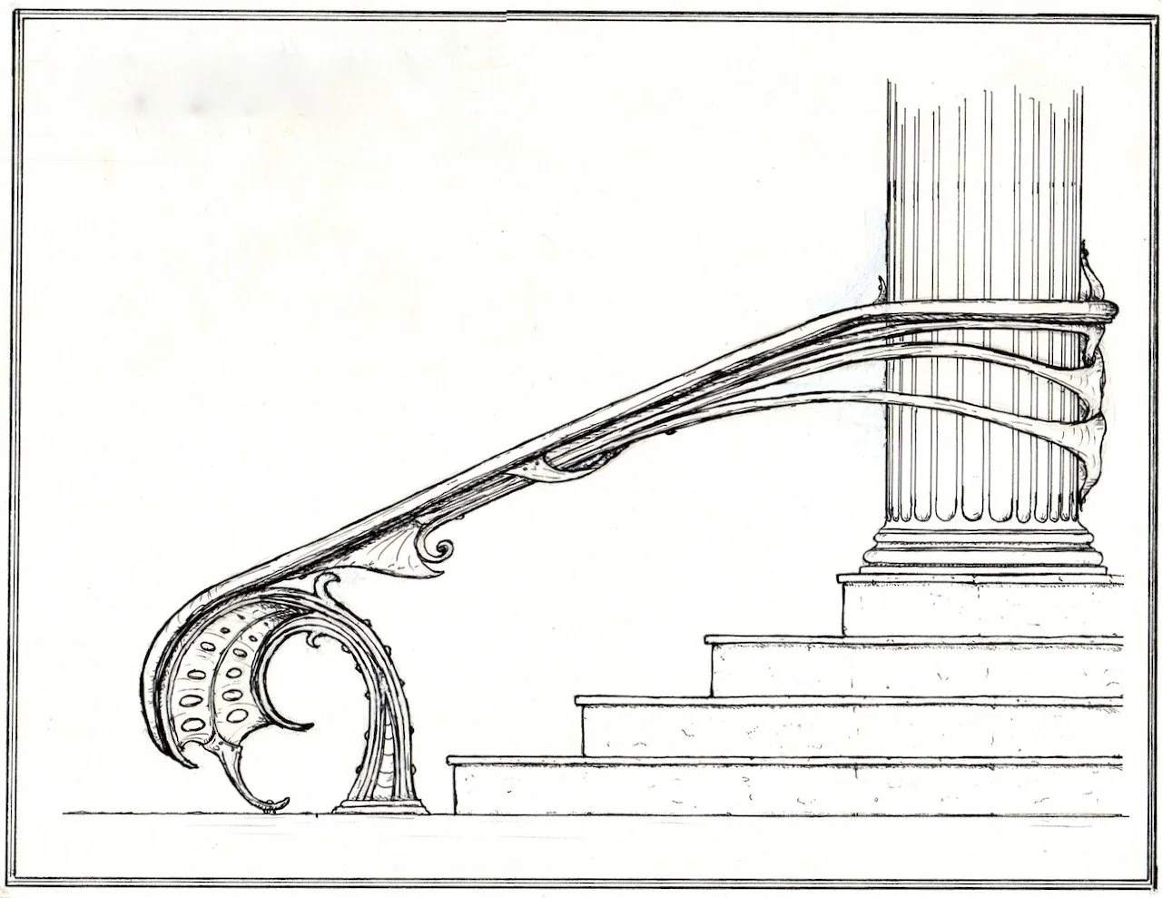A detailed sketch of a decorative staircase railing and a fluted column on steps.