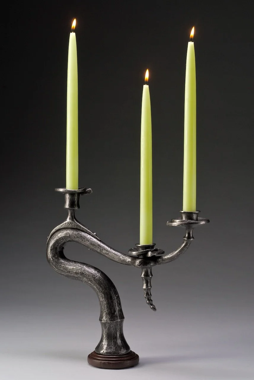 Art nouveau inspired steampunk hand forged iron candelabra