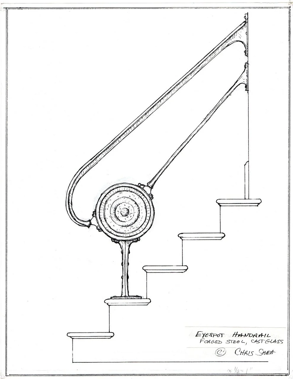 Blueprint sketch of a curved stairway handrail with detailed cast glass and forged steel components, designed by Charles Shea.