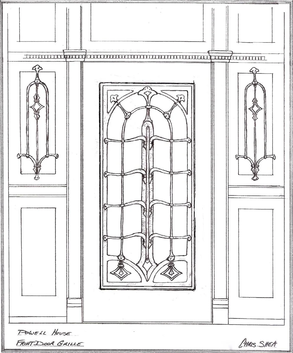 Architectural drawing of a front door with decorative wrought iron grille, Powell House, designed by Chris Shea.