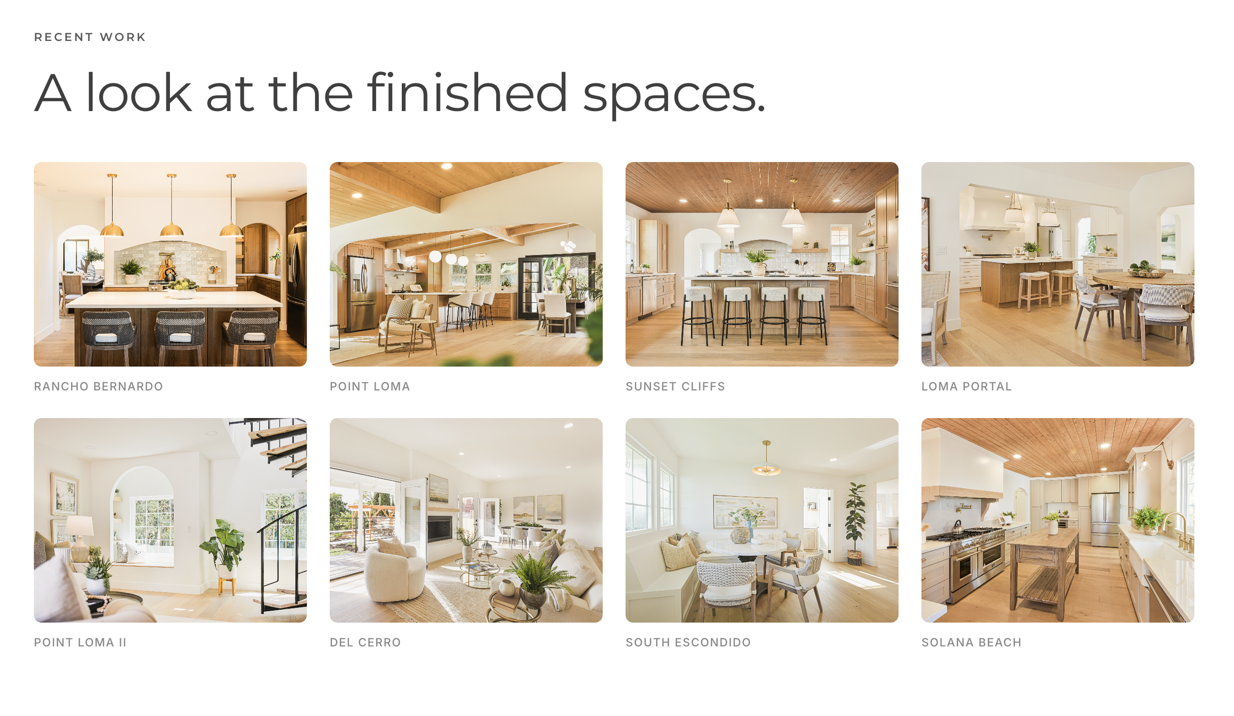 Thumbnail gallery of various interior spaces, each with different arrangements of furniture and decor. Names of locations below each image include Rancho Bernardo, Point Loma, Sunset Cliffs, Loma Portal, Point Loma II, Del Cerro, South Escondido, and Solana Beach.