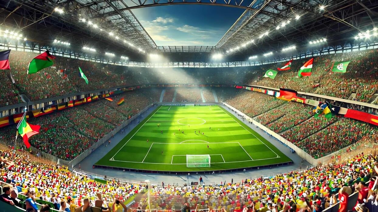 A packed soccer stadium with fans waving flags, bright stadium lights, and a well-maintained green soccer field.