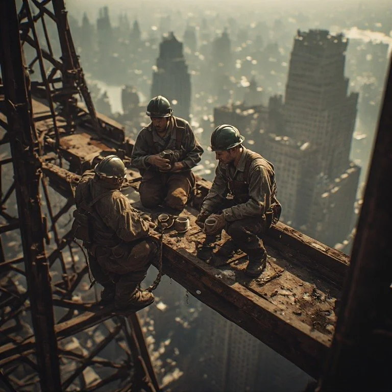 Three construction workers in safety gear sitting on a steel beam high above a cityscape during sunset.