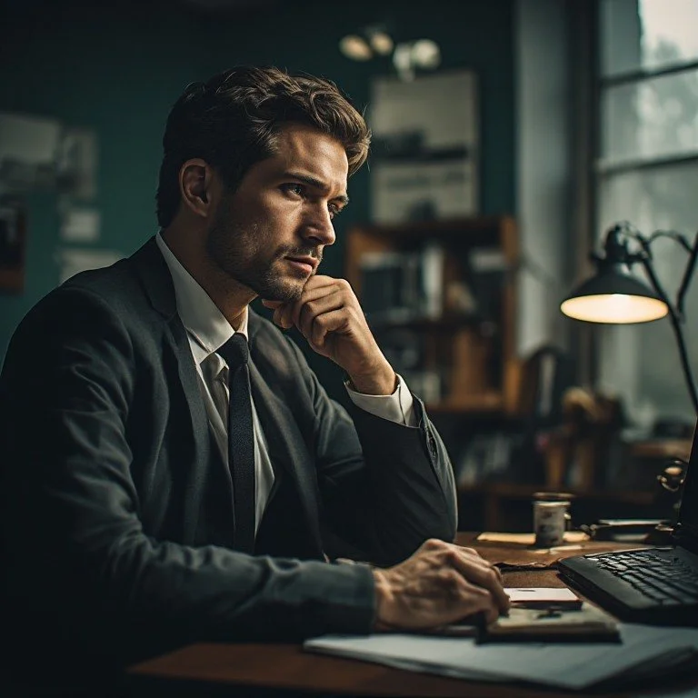 A man in a suit sitting at a desk in a dimly lit office, looking thoughtful with his hand on his chin, with a laptop, notebook, and coffee cup on the desk.