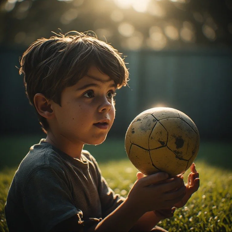 A young boy is holding an old, worn soccer ball outdoors during sunset, looking at it with curiosity.