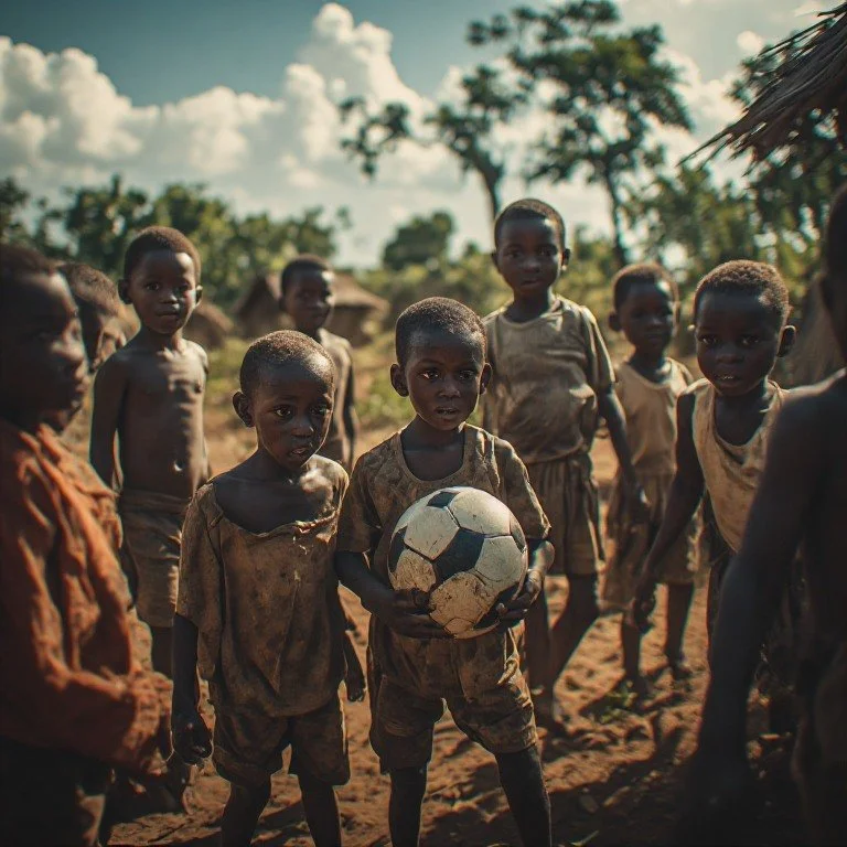 Group of children playing soccer outdoors in a rural setting with trees and huts in the background.