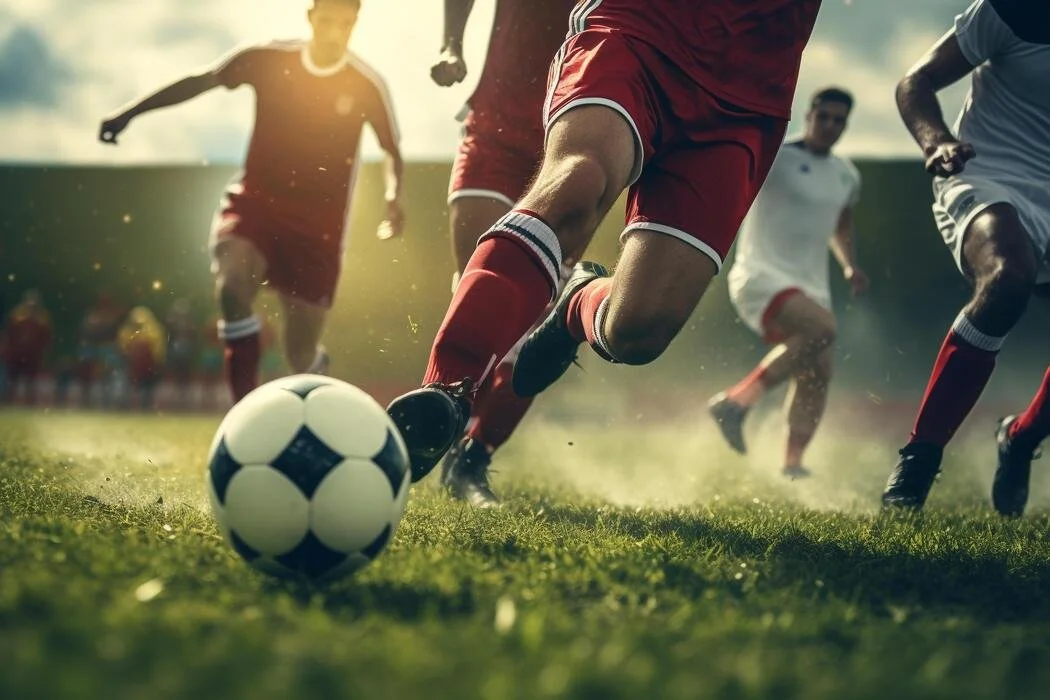 Soccer players chasing the ball during a match on a grassy field at sunset.