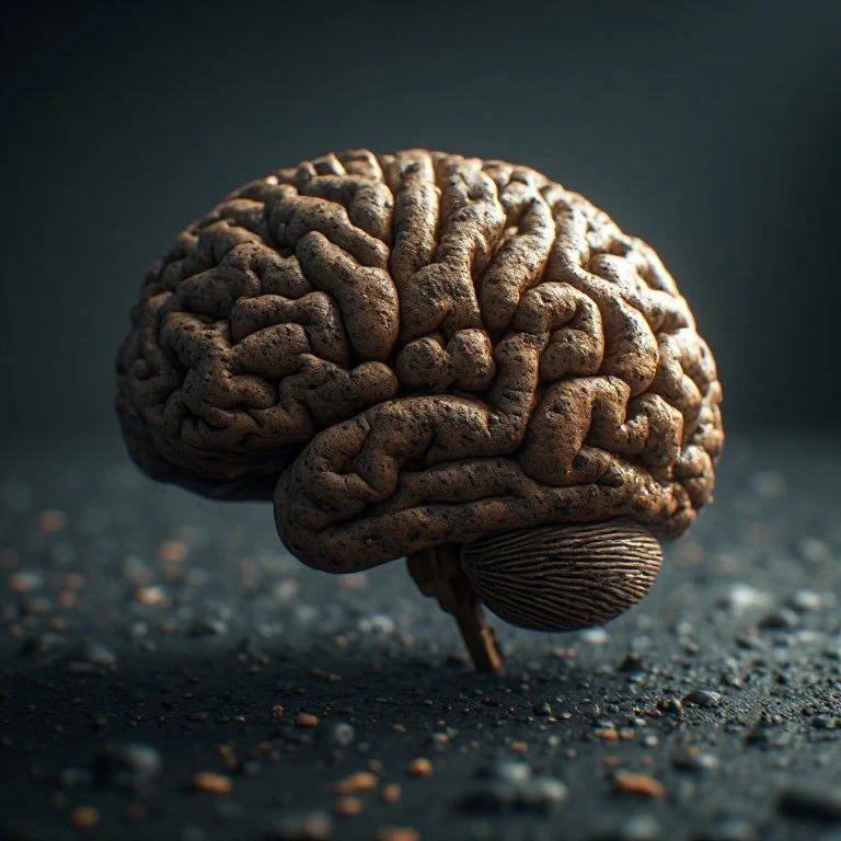 A brain resembling object on a dark surface with scattered small particles.