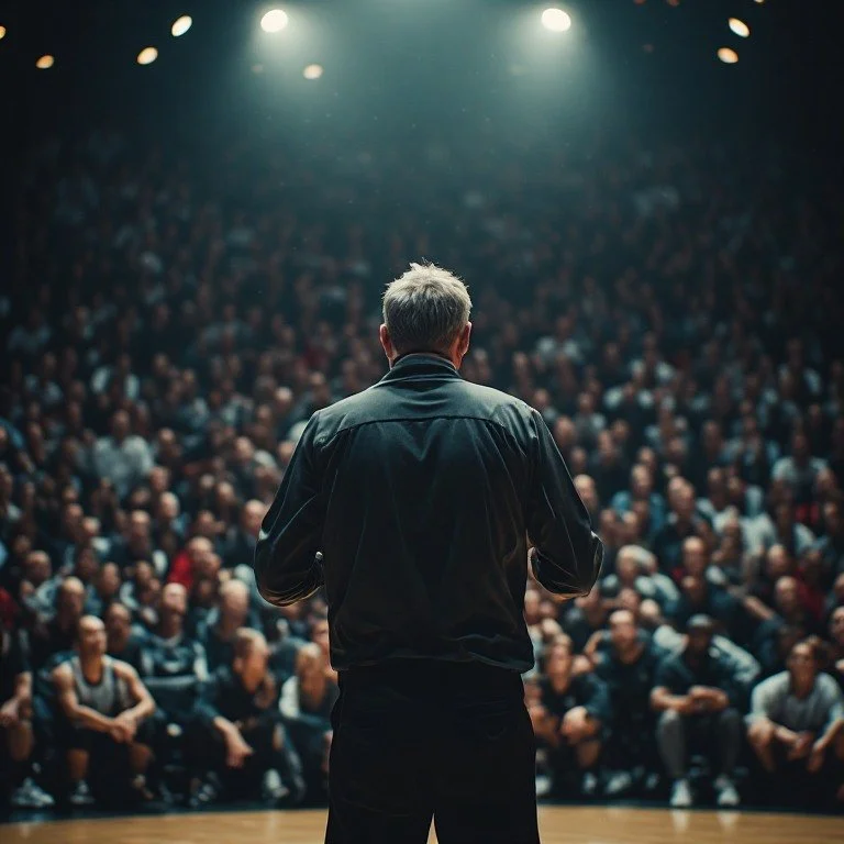 A speaker standing on stage facing a large audience in a dimly lit auditorium.
