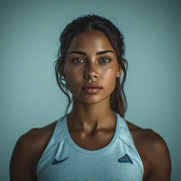 Close-up of a young woman with tan skin, dark hair pulled back, and wearing a light blue athletic tank top, looking directly at the camera with a serious expression.
