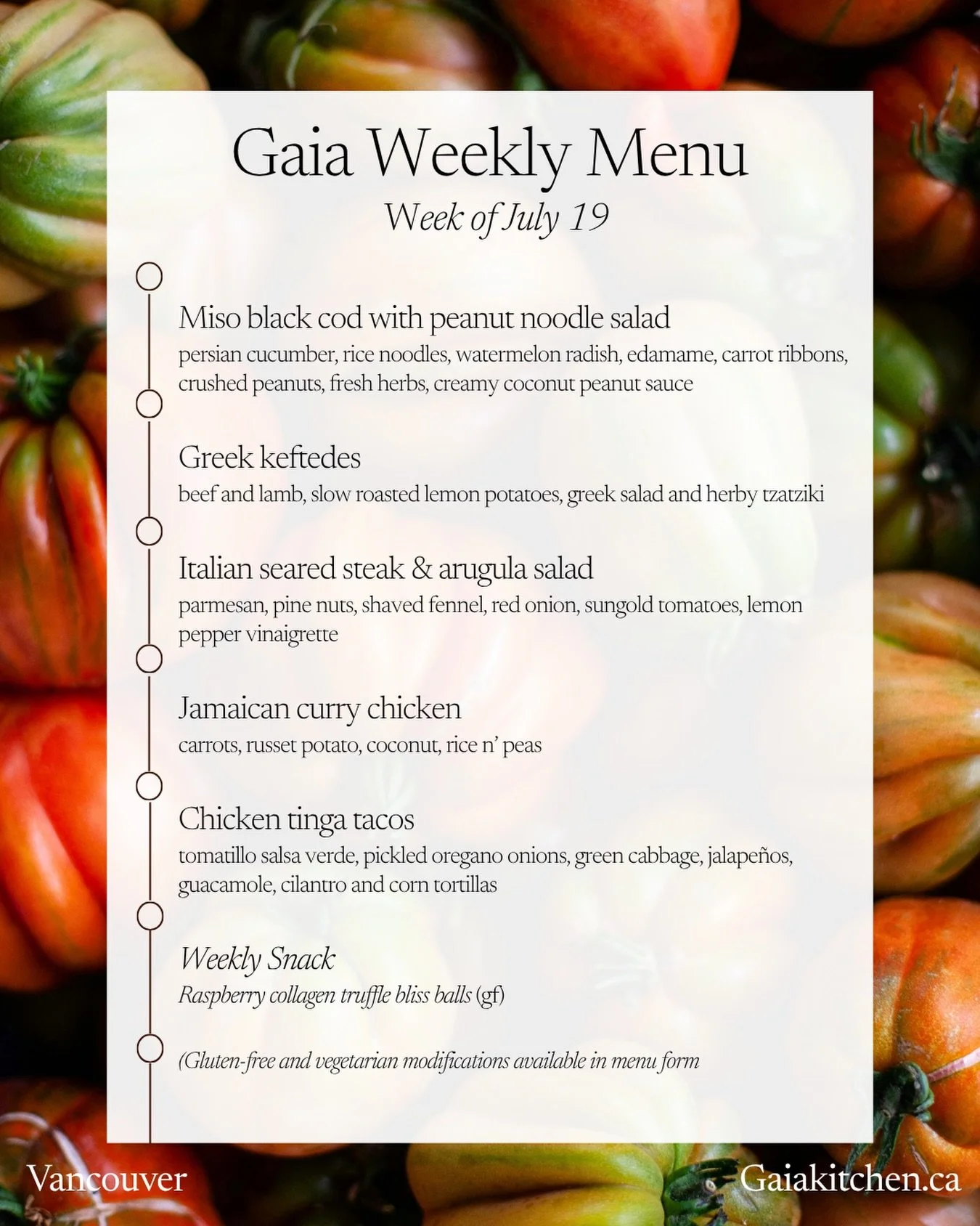 A little late to posting this, but voici our beautiful menu for the week of July 19! We are especially excited about our fresh chicken tinga tacos for the hot summer days and the Jamaican curry chicken for the couple of cozy rainy days coming up 🙇&z