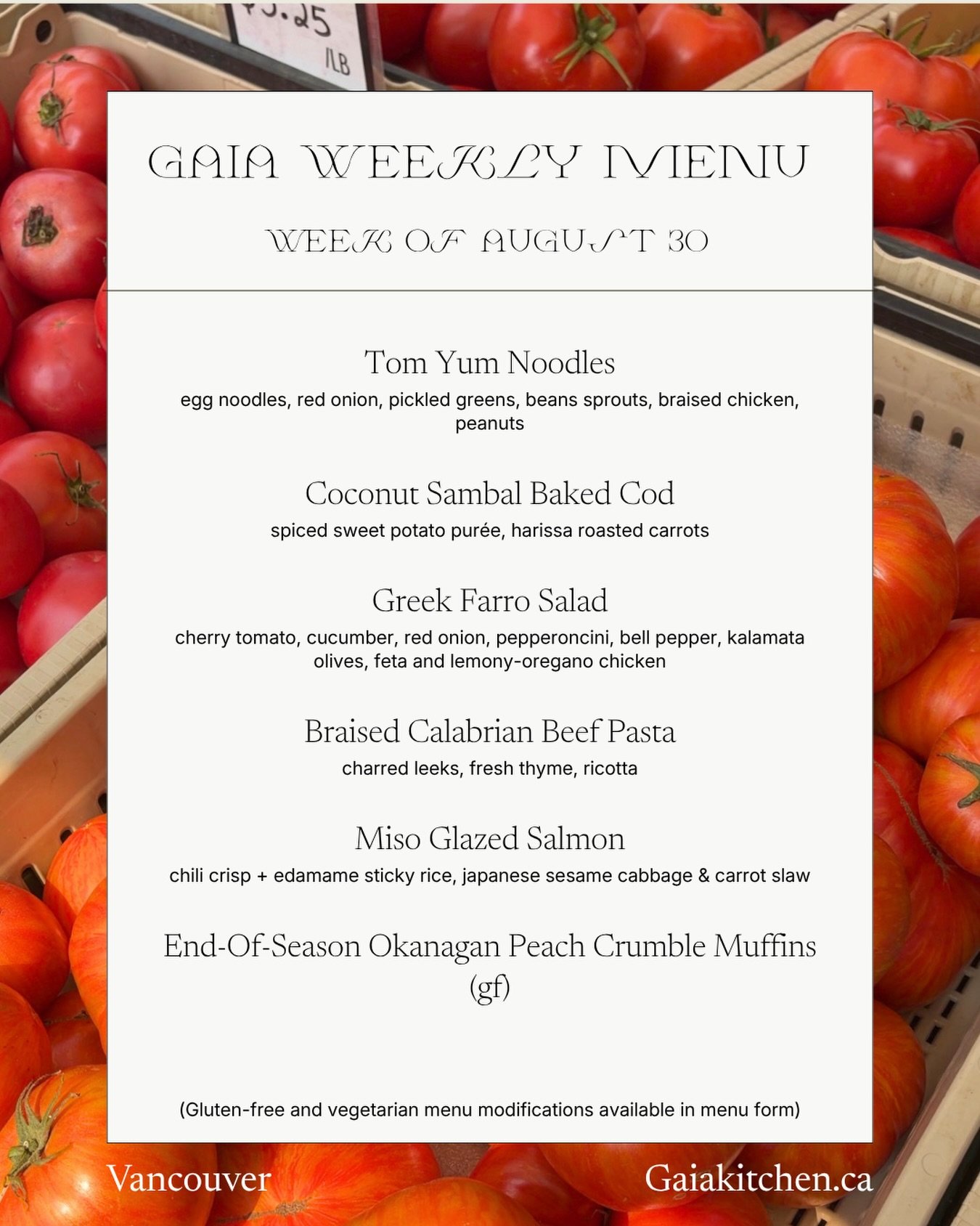 Week of August 30 menu🍴

Ending off summer on a high note with my personal favourite, Okanagan peach crumble muffins 🍑 

Head to our website to place your order and select your meals for the week!

Which menu item are you most excited to try?