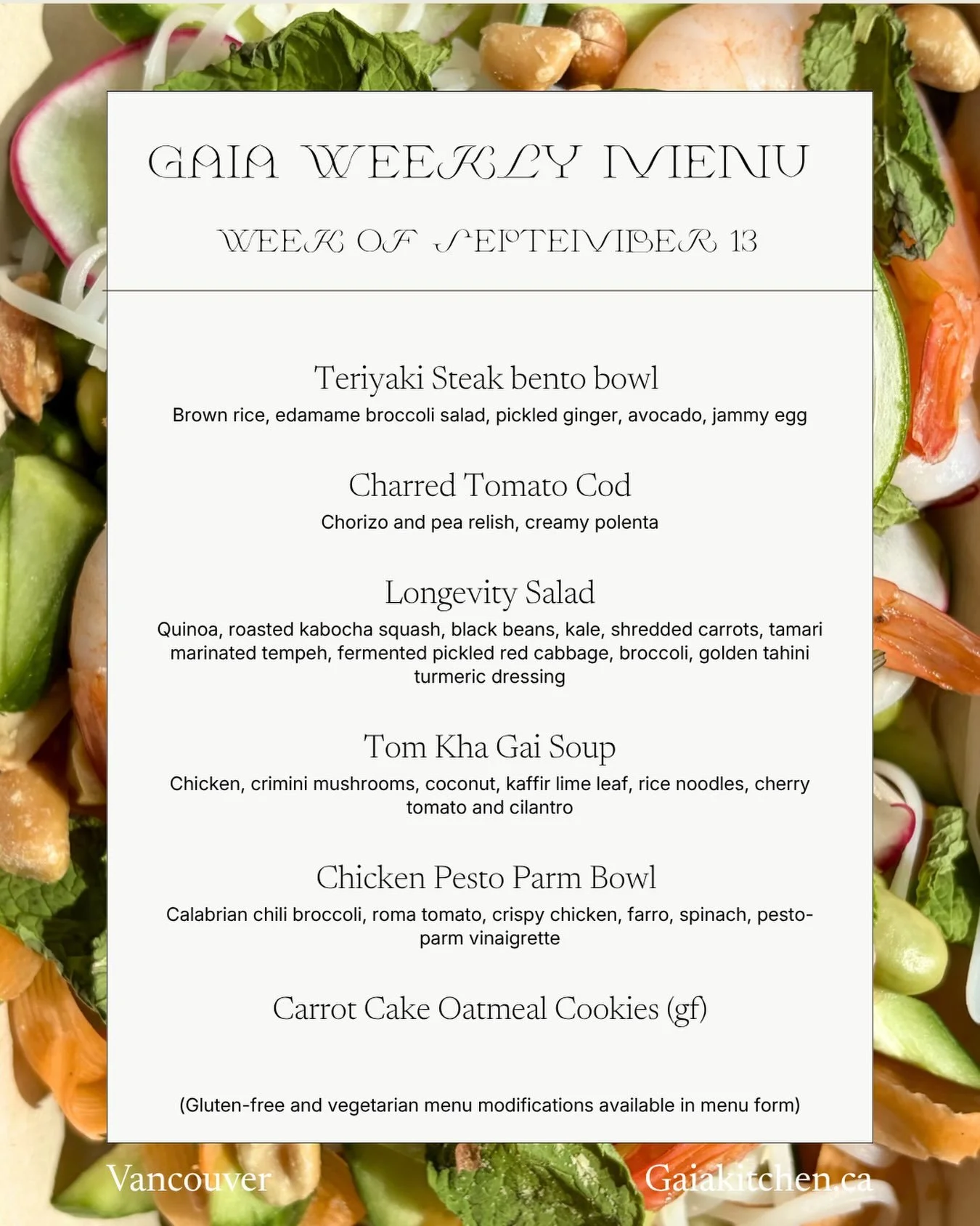 Week of September 13 menu🍴

Our first soup of the season, and we are so excited to bring you more fall inspired meals. 

Each weekly rotating menu is organic, cooked in small batches, and delivered fresh right to your door.

Head to our website to p