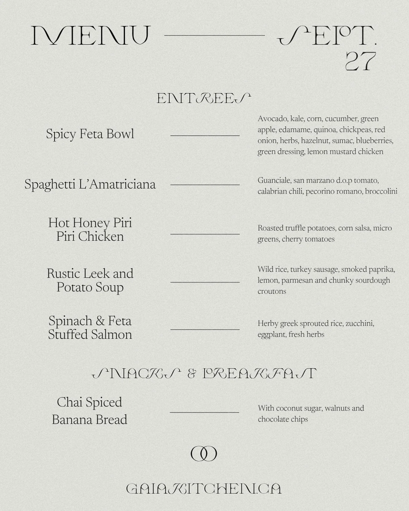 Our menu for the week of September 27- filled with so much delicious inspiration from my time away in Europe✨ 

Order at gaiakitchen.ca by wednesday to receive this menu.