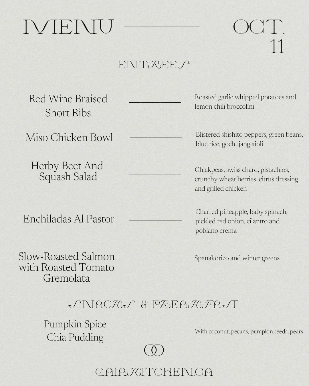We've got a beautiful Thanksgiving inspired menu for you next week! 

Place your order by Wednesday at midnight to receive this menu at gaiakitchen.ca