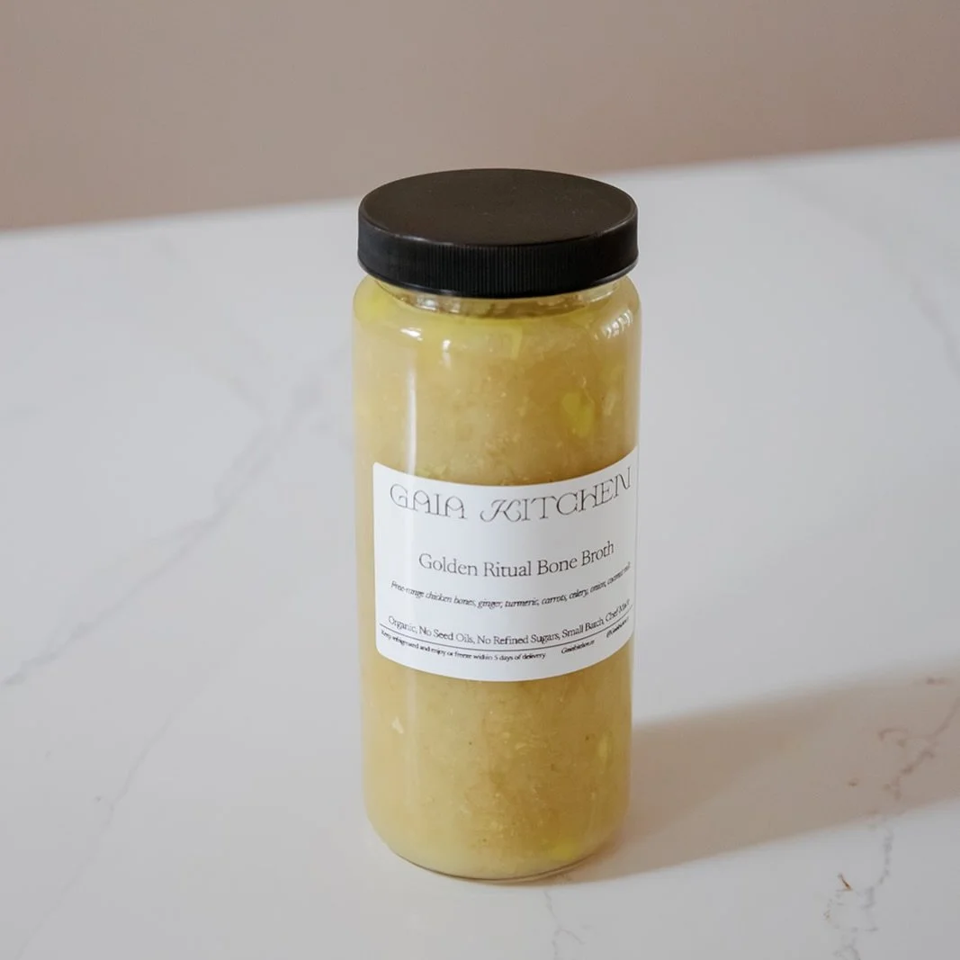 Add some extra functional support to your weekly meal orders with our Golden Ritual Bone Broth. Slow-simmered free range chicken bones, warming ginger, turmeric, and creamy coconut milk makes for a rich, nourishing sip. Made with ingredients known to