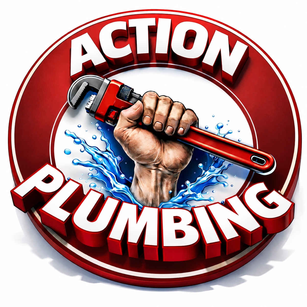Hand holding a pipe wrench bursting through a sign that says 'Action Plumbing' with water splashes around.