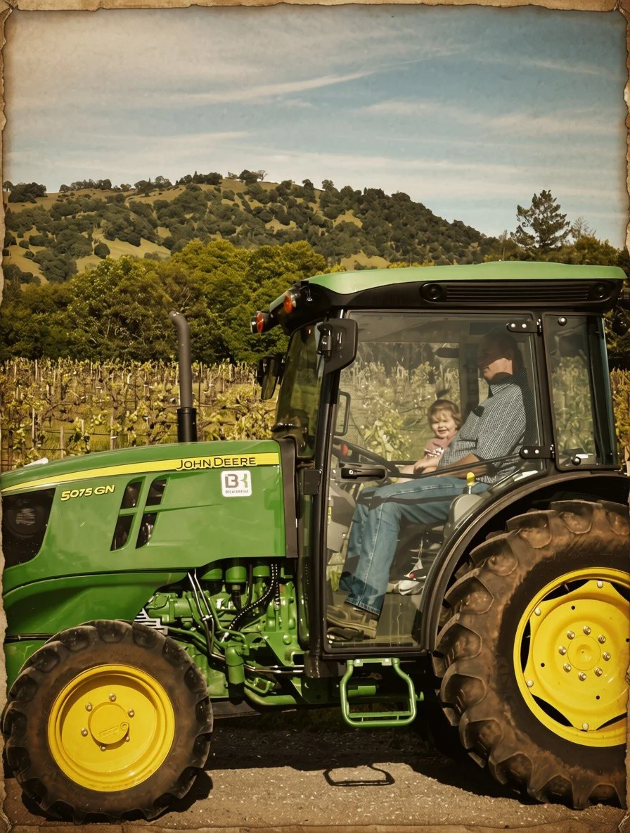 A young boy and an adult man sitting inside a green John Deere tractor, with a scenic landscape of hills and trees in the background.