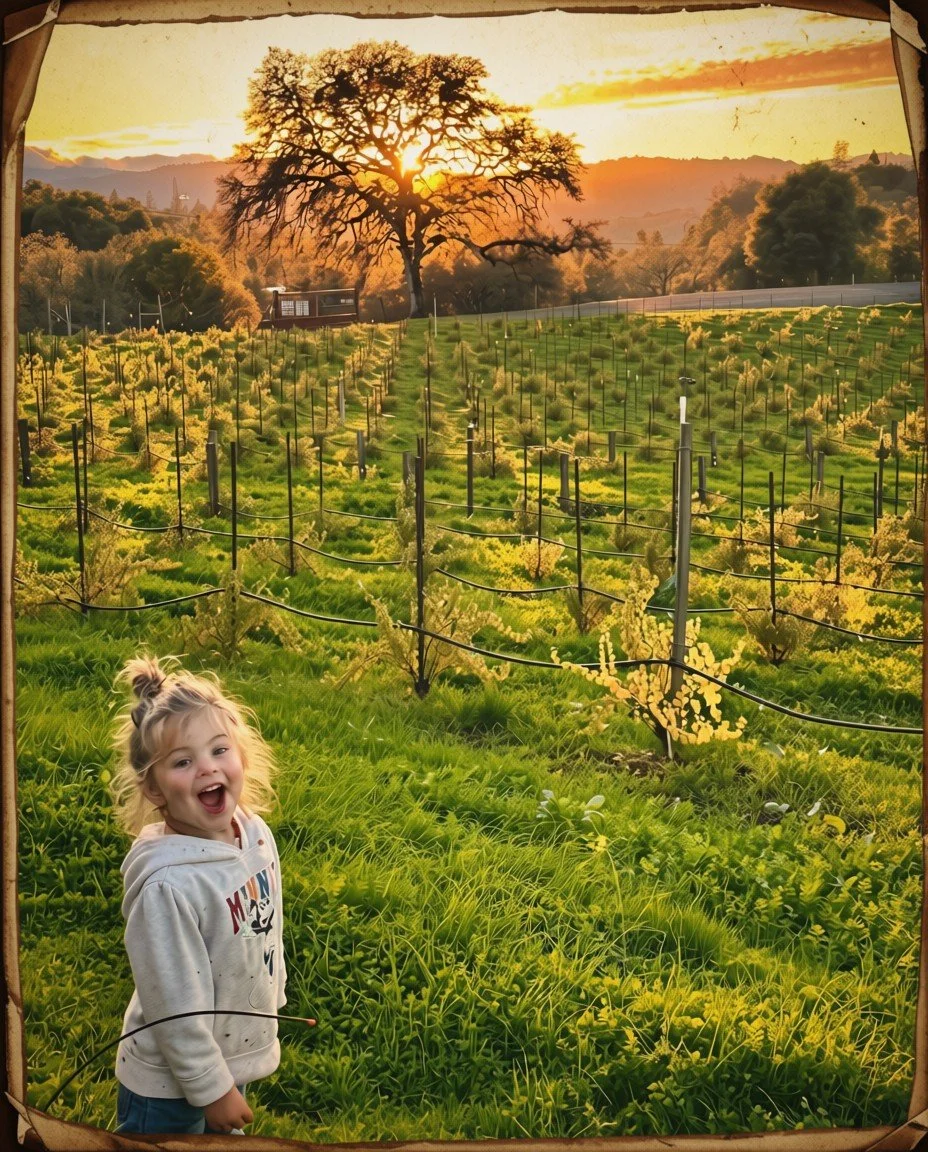 A young girl with blonde hair in a ponytail, smiling and wearing a white hoodie with a Mickey Mouse design, standing in a lush green vineyard at sunset. The vineyard has rows of grapevines supported by posts and wires. In the background, a large tree partially blocks the sun, which is setting behind distant hills and a cloudy sky.