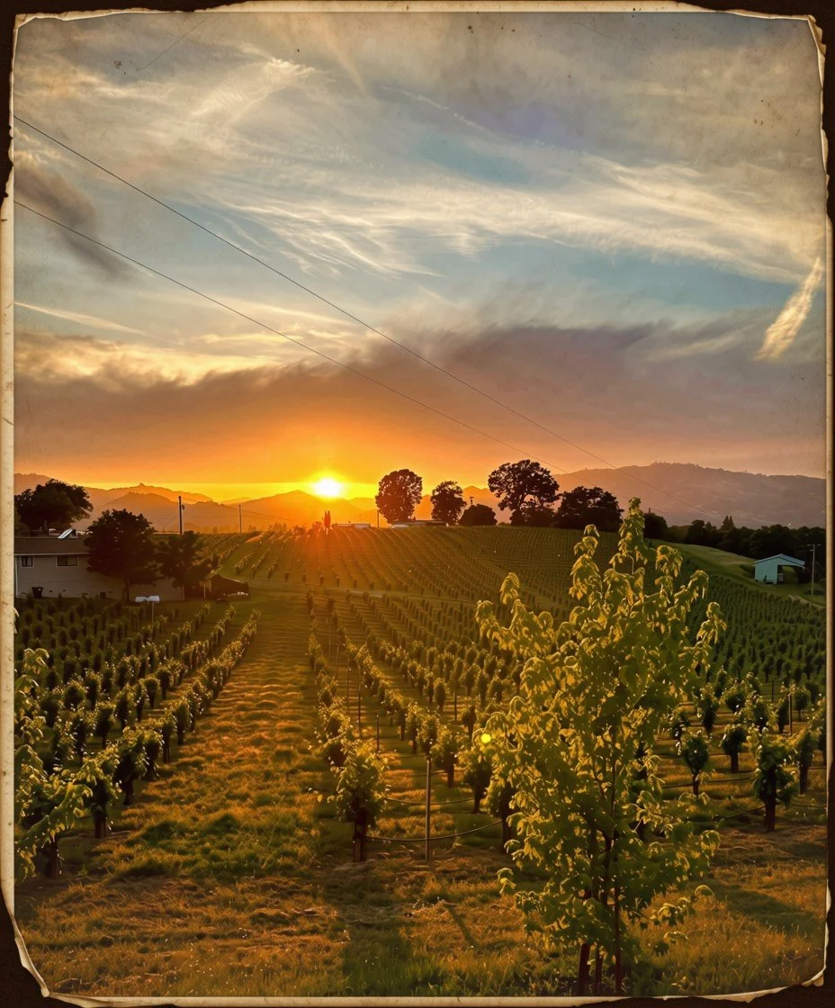 Sunset over a vineyard with rows of grapevines and a few trees, under a partly cloudy sky with streaks of clouds.