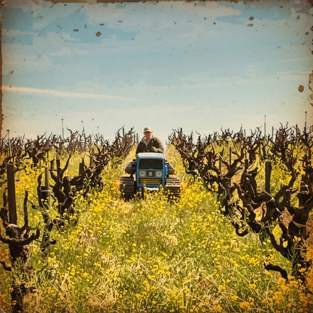 A man operating a tractor in a vineyard with rows of pruned grapevines and yellow flowers in the foreground, under a blue sky.