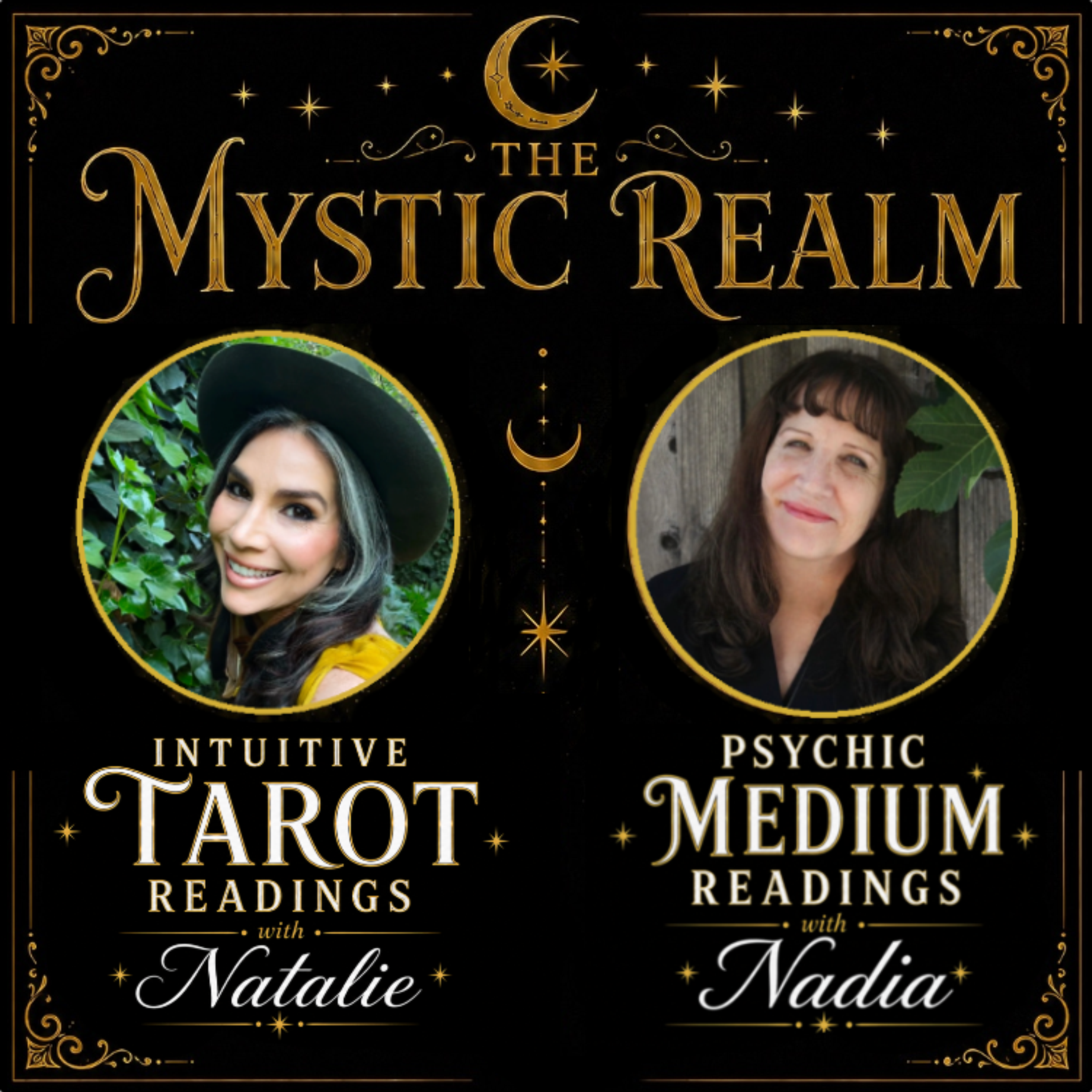 Decorative graphic promoting tarot and mediumship readings with women’s portraits, tarot and moon symbols, and ornate gold accents on a black background.