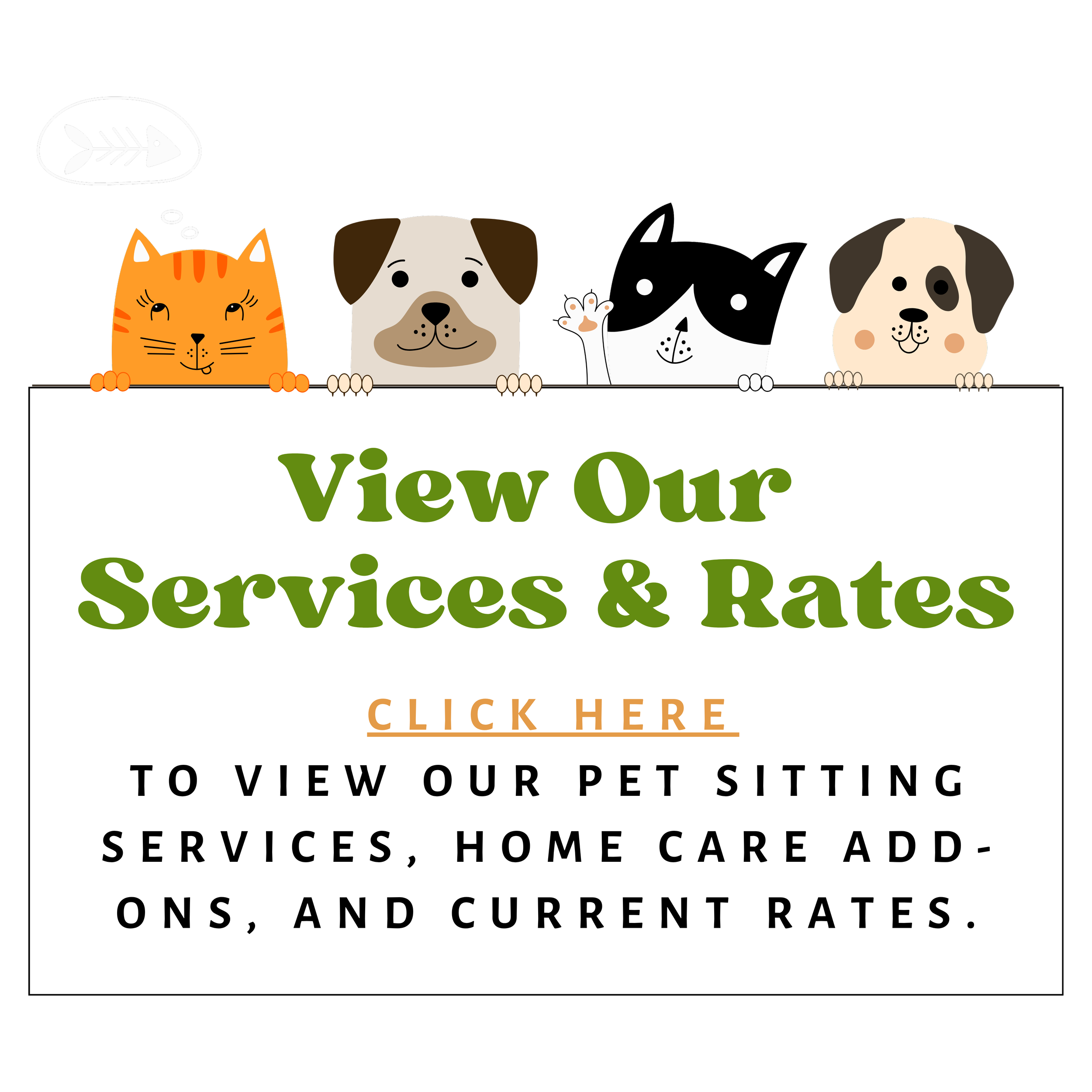 Pet sitting service advertisement with cartoon images of a cat, dog, and two puppies, and text promoting pet sitting services, rates, and contact options.