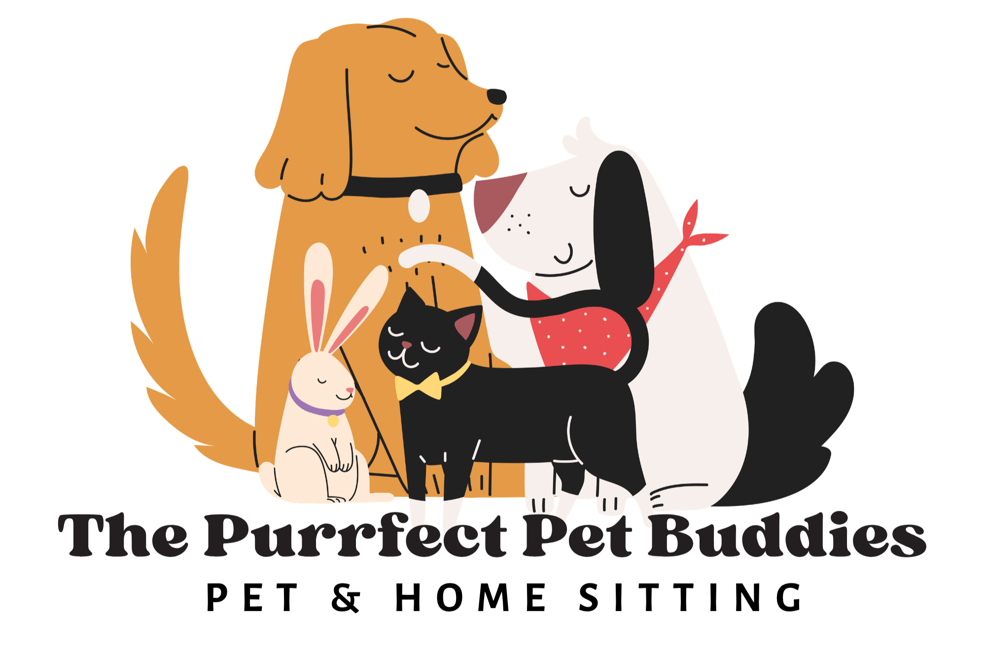 Cartoon illustration of a group of animals including a dog, a cat, a rabbit, a cow, and a dog, all smiling with eyes closed and sharing a moment of affection.