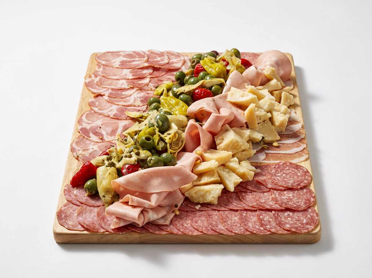 Assorted cured meats and cheese on a wooden charcuterie board, with green and red grapes and cherry tomatoes.