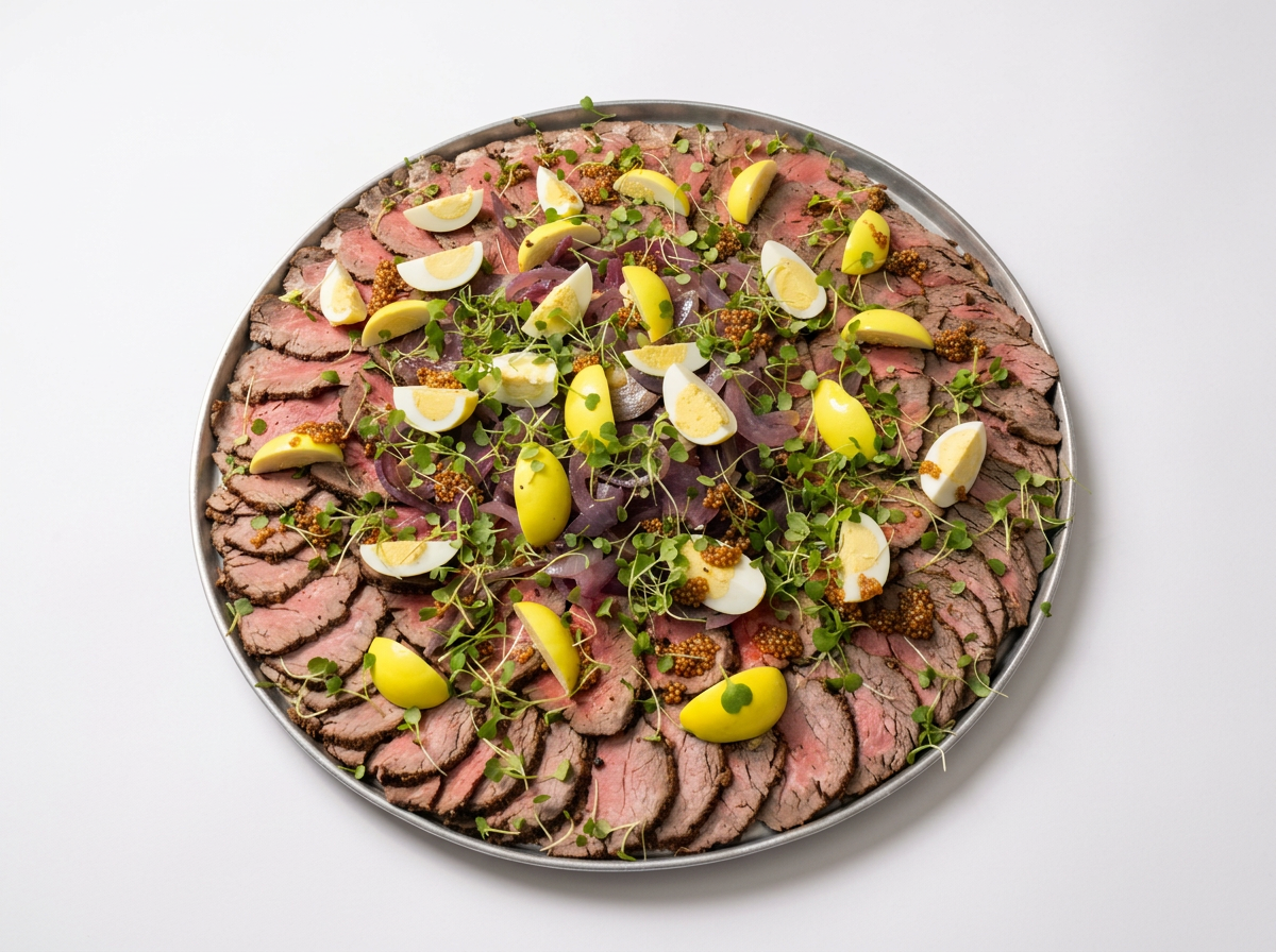 A round tray of sliced cooked beef garnished with microgreens, lemon wedges, soft-boiled eggs, and mustard seeds.