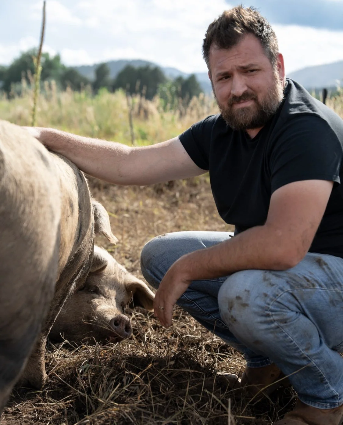 A man kneeling on the ground, petting a pig in a rural farm setting with fields and mountains in the background.