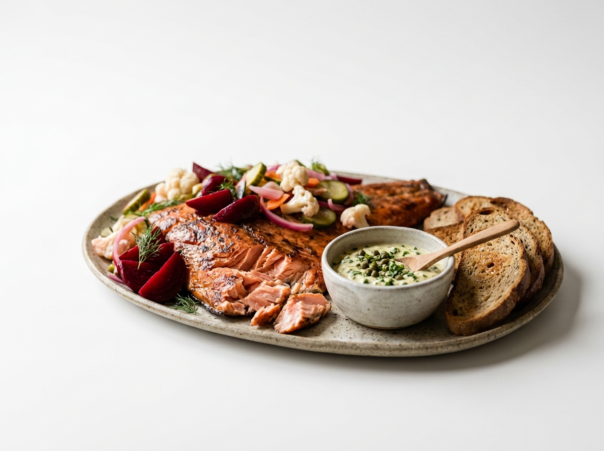 Plate of grilled salmon with vegetables, rye bread slices, and a bowl of creamy sauce garnished with herbs.