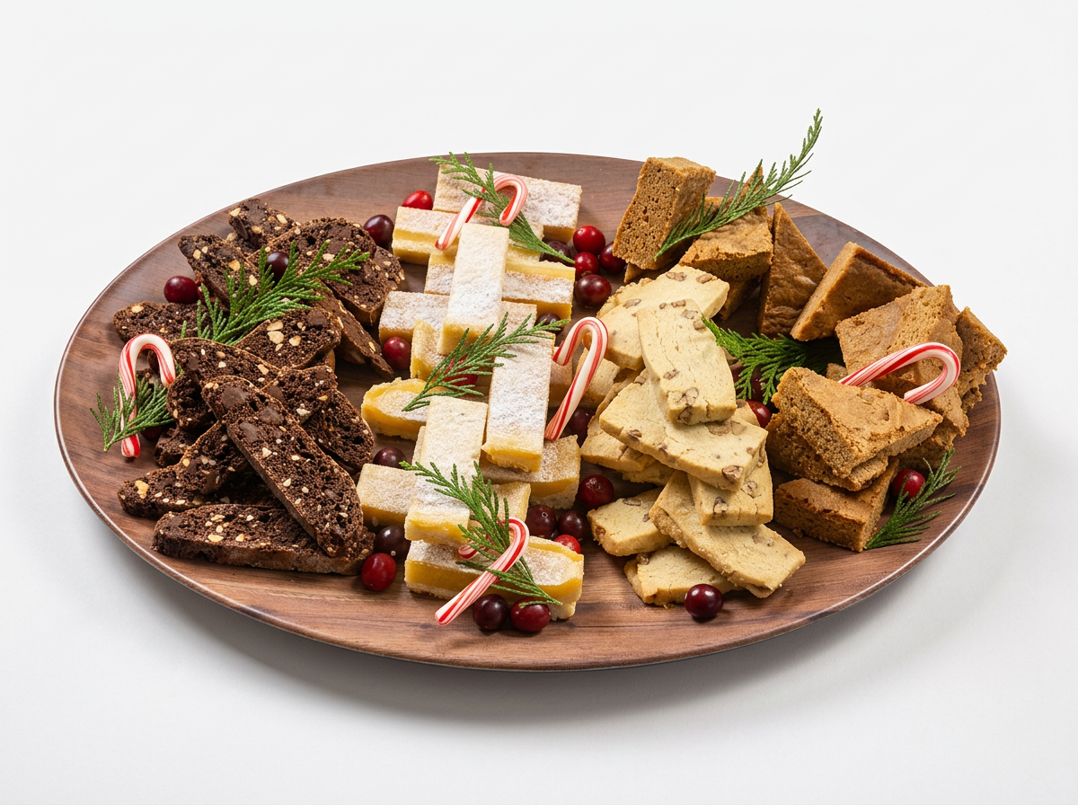 Assorted Christmas cookies with candy canes, cranberries, and green sprigs on a wooden platter.