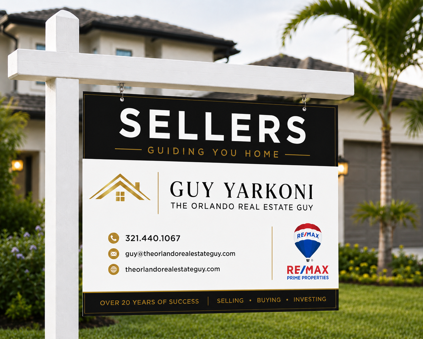 Guy Yarkoni, The Orlando Real Estate Guy, seller services sign in front of a modern Orlando-area home with palm trees.