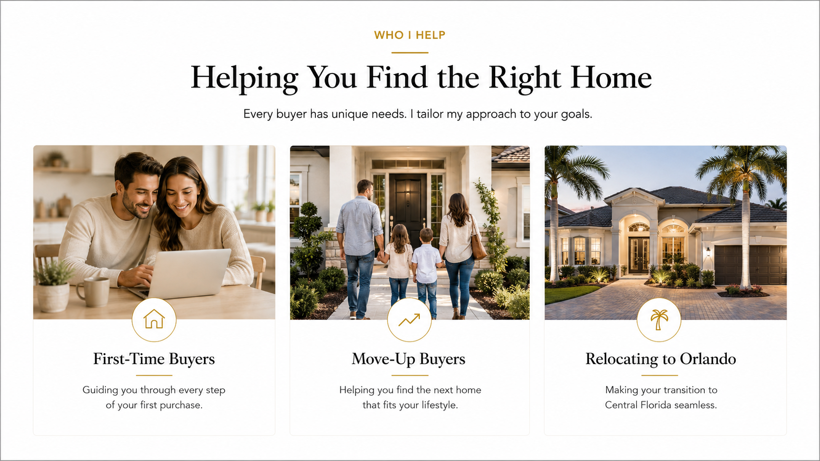A webpage with the heading "Helping You Find the Right Home" and three sections: First-Time Buyers with a photo of a smiling couple looking at a laptop, Move-Up Buyers with a family walking to a house, and Relocating to Orlando with a photo of a house by palm trees at sunset.