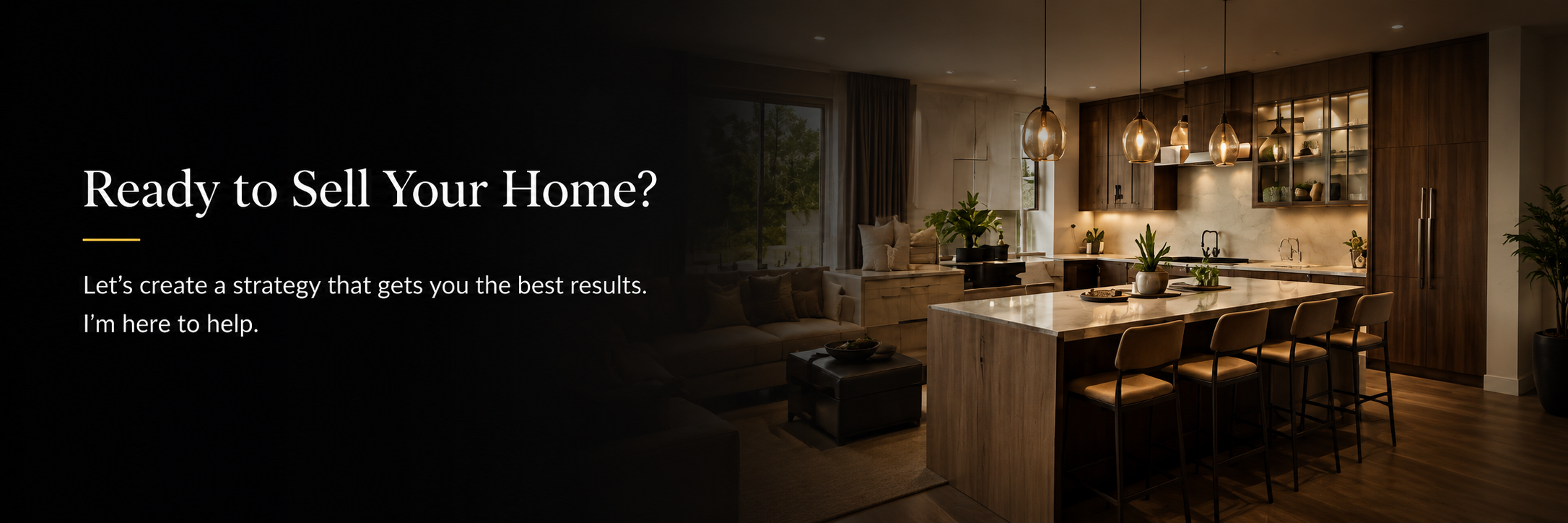 A modern, well-lit kitchen and living room with wooden cabinets, hanging pendant lights, a kitchen island with chairs, and cozy seating area with cushions and plants.