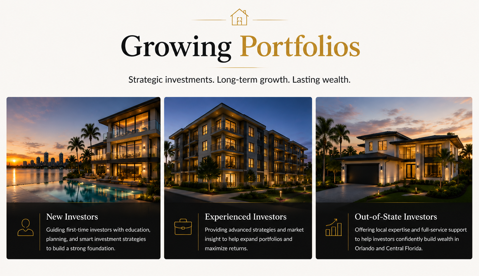 A promotional webpage for growing investment portfolios featuring three luxury residential buildings at sunset with descriptions of investor types: New Investors, Experienced Investors, and Out-of-State Investors.