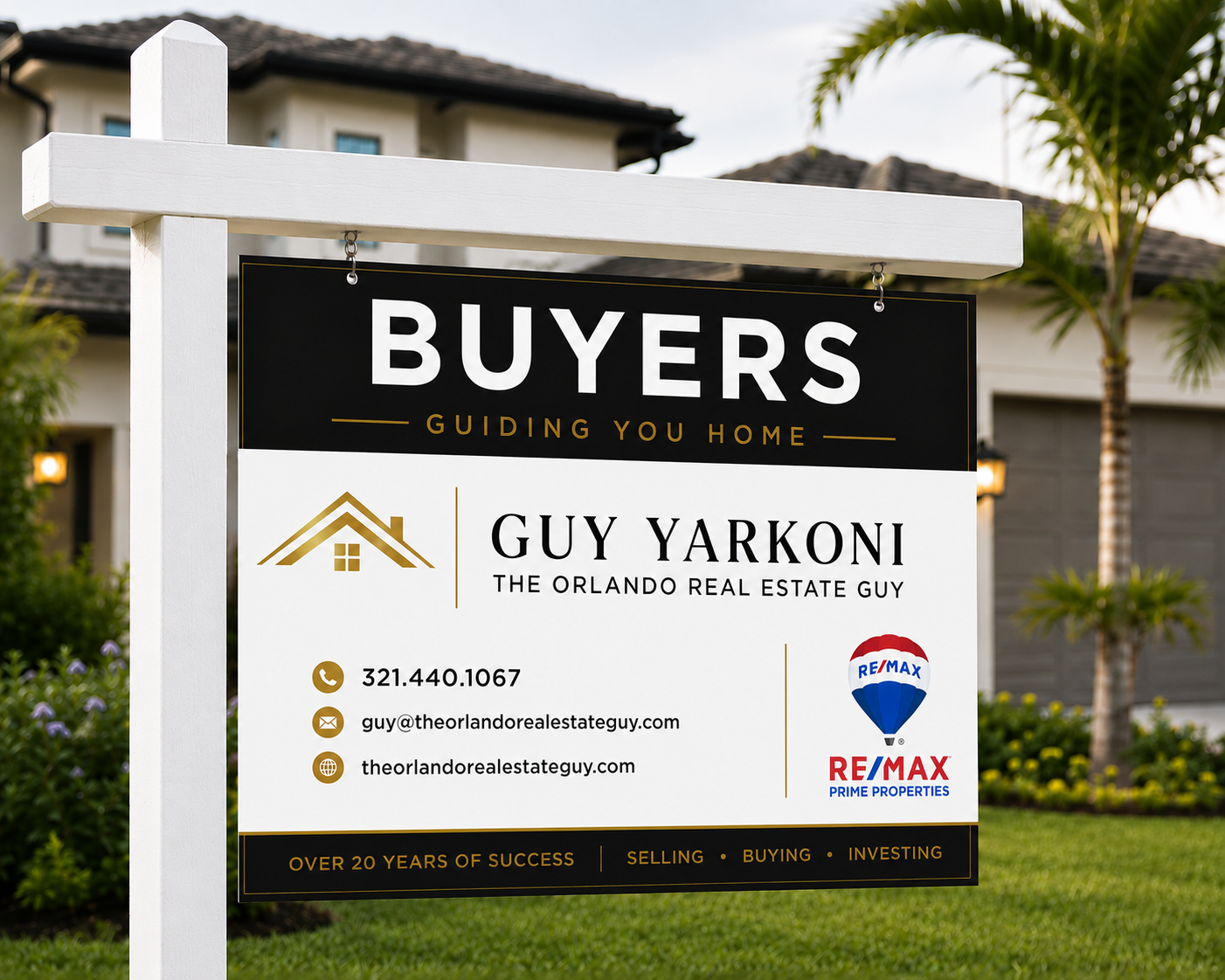 Guy Yarkoni, The Orlando Real Estate Guy, buyer services sign in front of a modern Orlando-area home with palm trees.