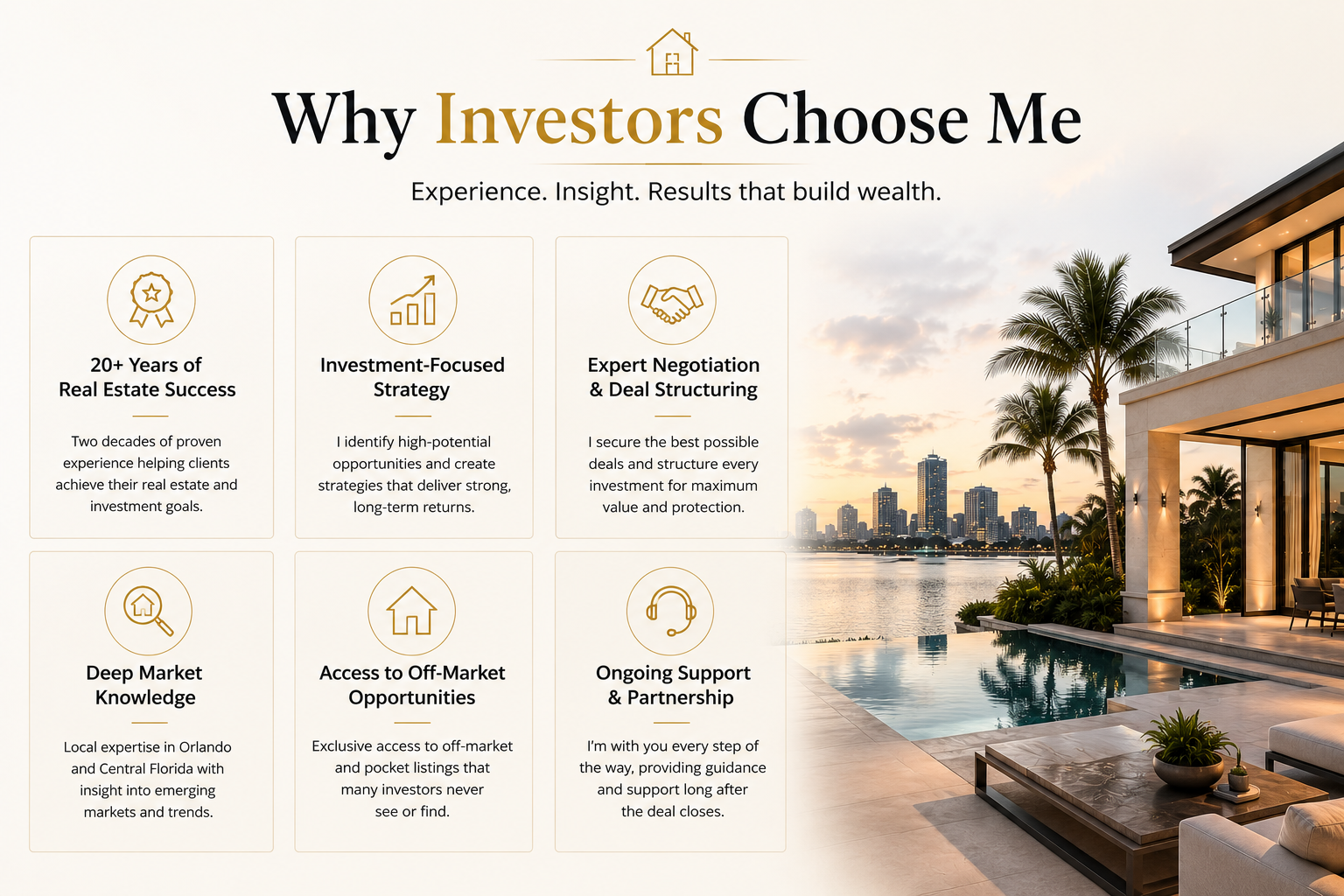 A promotional webpage for a real estate or investment firm highlighting reasons to choose their services. Features six points: 20+ years of success, investment strategy, deal structuring, market knowledge, off-market opportunities, and ongoing support, with a modern skyline and waterfront view in the background.