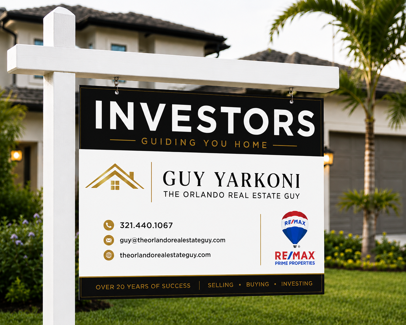 Guy Yarkoni, The Orlando Real Estate Guy, investor services sign in front of a residential Orlando-area home with palm trees.