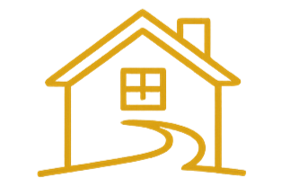 Simple line drawing of a house with a curved path leading to the door