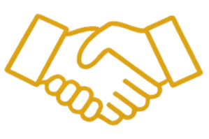 Gold outline of a handshake enclosed in square brackets.