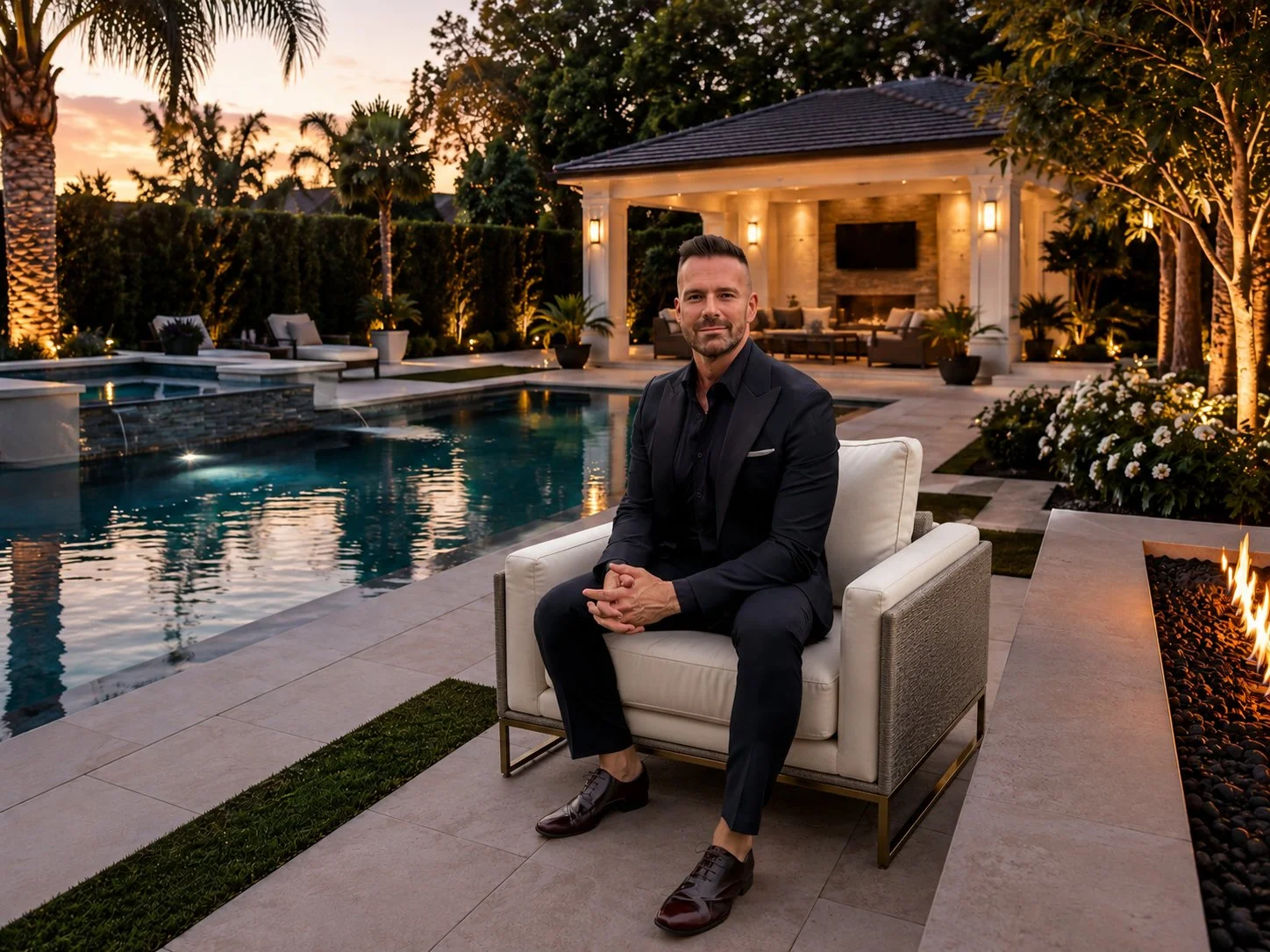 A man in a suit sitting on a white outdoor chair by a swimming pool during sunset, with a spacious backyard featuring palm trees, outdoor furniture, and a fire pit.