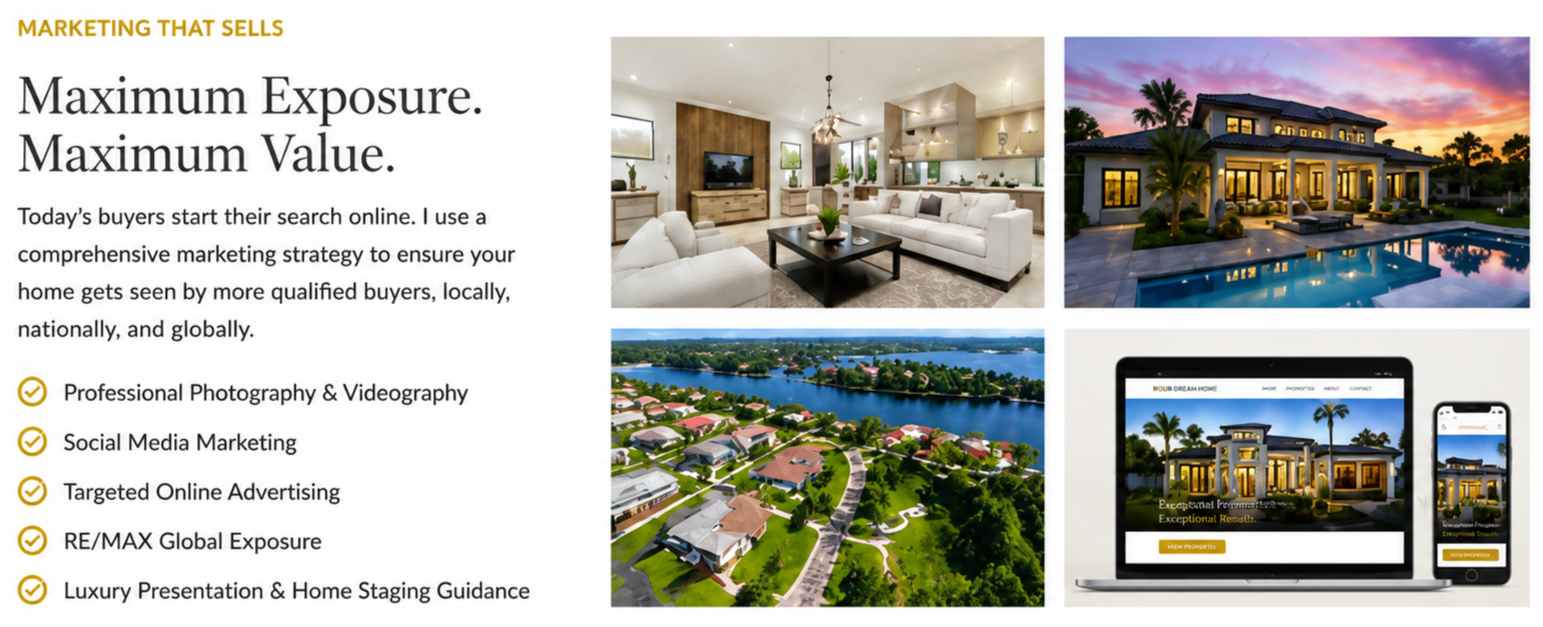 Marketing advertisement for real estate services featuring images of interior and exterior luxury homes, aerial views of a neighborhood, and digital devices displaying property listings.