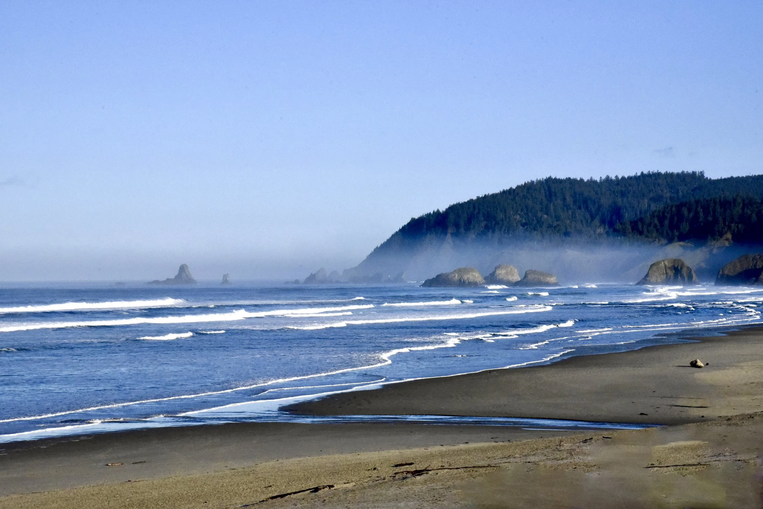 A peaceful beach scene with waves gently rolling onto the sandy shore, a forested hill in the background, and a clear blue sky above.