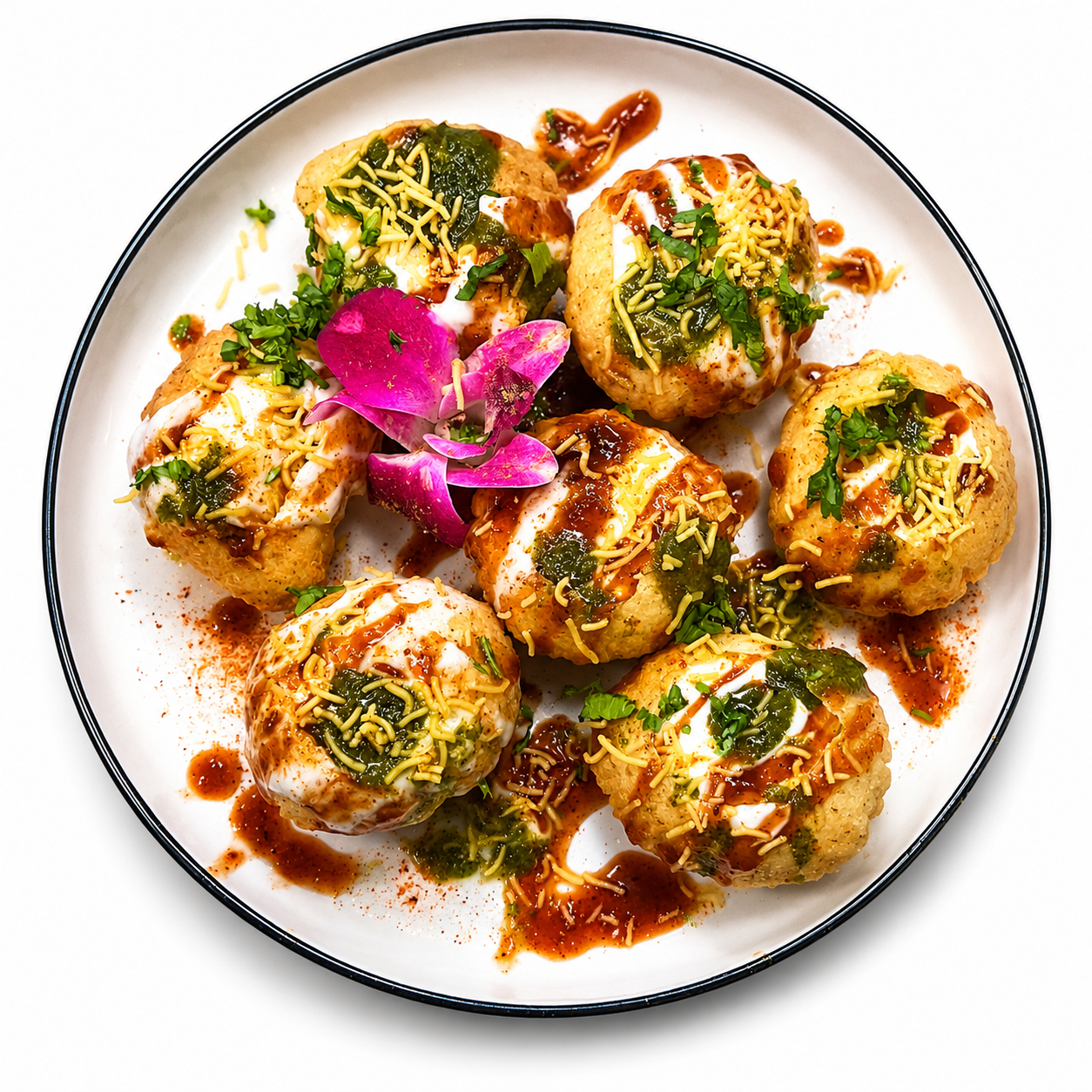 Plate of Indian street food, pav bhaji, featuring spiced mashed vegetables with chopped onions, cilantro, and a pink flower garnish.